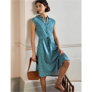 Boden Tie Waist Jersey Shirt Dress Polka Dot Teal Green Size US 16 / 18 R